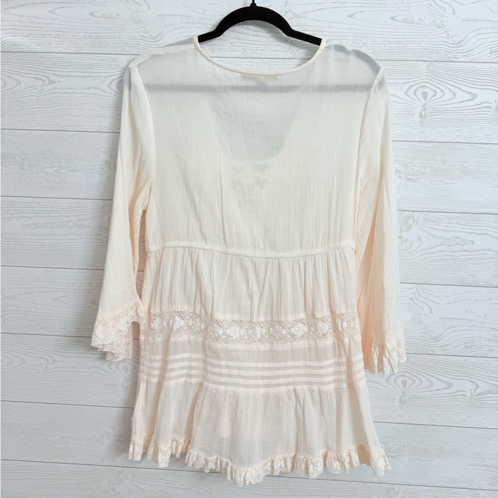 Boston Proper Women’s Rayon Cream 3.4” Sleeve Lace & Beaded Boho Top. Size M - Picture 3 of 9